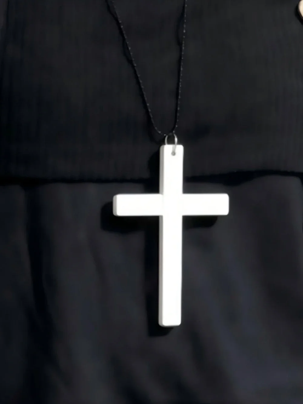 White Cross Necklace Black Ball/Bead Chain Long Religious Jewelry